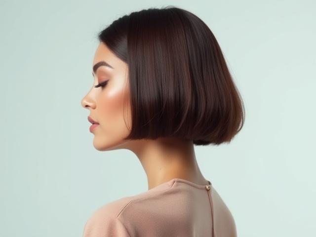 Model Muslimah dengan potongan bob pendek yang chic dan moden.