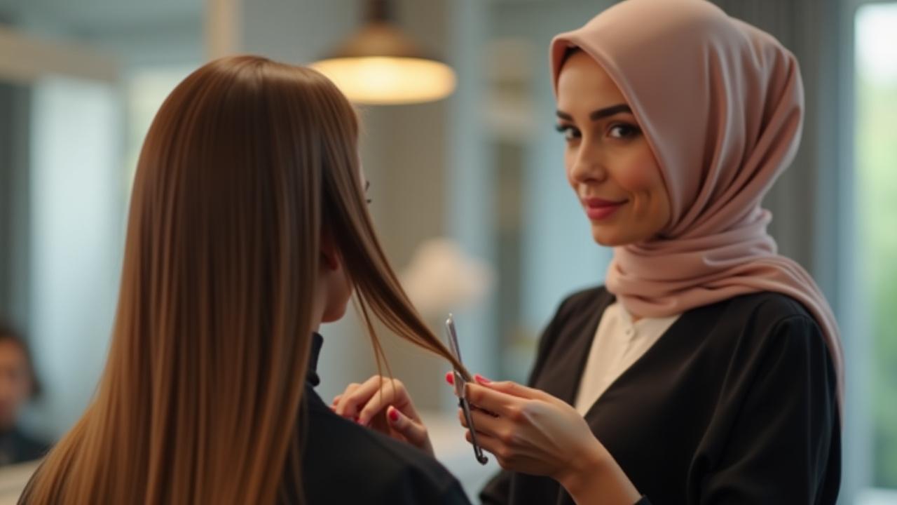Seorang stylist wanita sedang menggayakan rambut seorang klien Muslimah dalam suasana salon yang tenang.