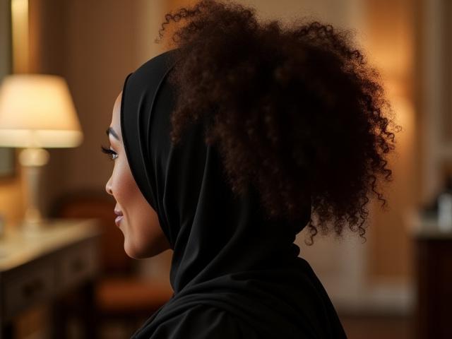 Model Muslimah dengan gaya rambut ikal lembut untuk majlis makan malam.