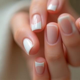 Close-up tangan dengan french manicure yang klasik dan elegan