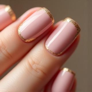 Close-up kuku tangan dengan nail art ringkas glitter keemasan