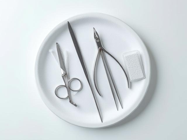 Alatan manicure dan pedicure yang disteril dan bersih di atas tuala putih