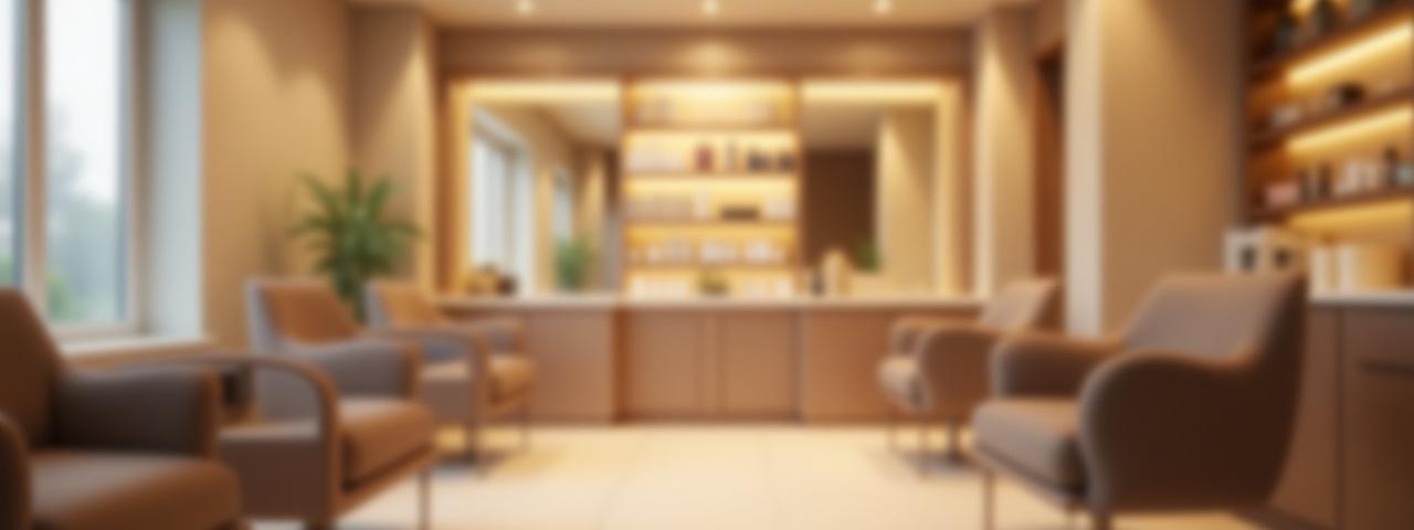 Latar belakang kabur salon mewah dengan fokus pada produk rawatan rambut