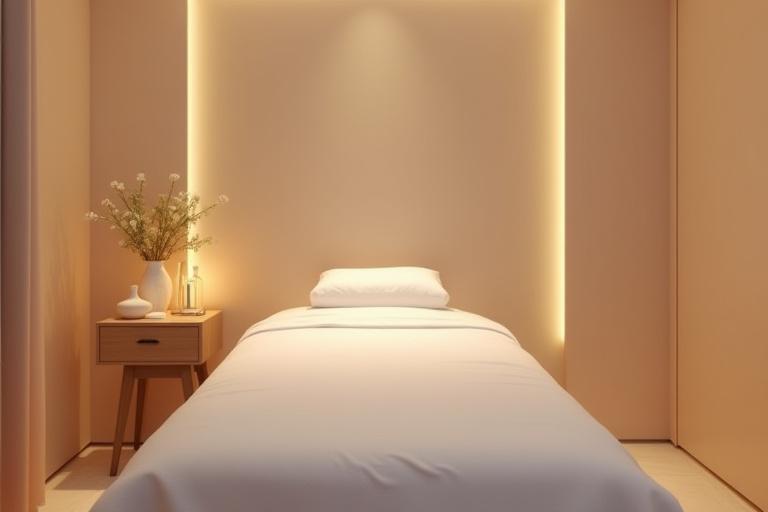 Bilik rawatan peribadi di Sinar Anggun dengan katil spa yang kemas, pencahayaan malap dan suasana tenang.