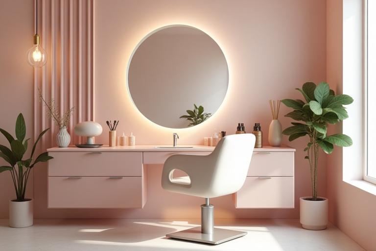 Stesen dandanan rambut yang bersih dan moden di Sinar Anggun dengan cermin besar dan kerusi yang selesa.