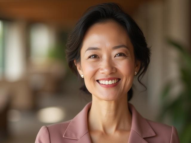 Pengasas Sinar Anggun, Puan Saloma, tersenyum dengan latar belakang salon yang elegan, menunjukkan visi dan kepakaran.