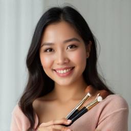 Zahra, Pakar Kuku & Solekan Sinar Anggun, seorang wanita Melayu tersenyum manis memegang berus solek.